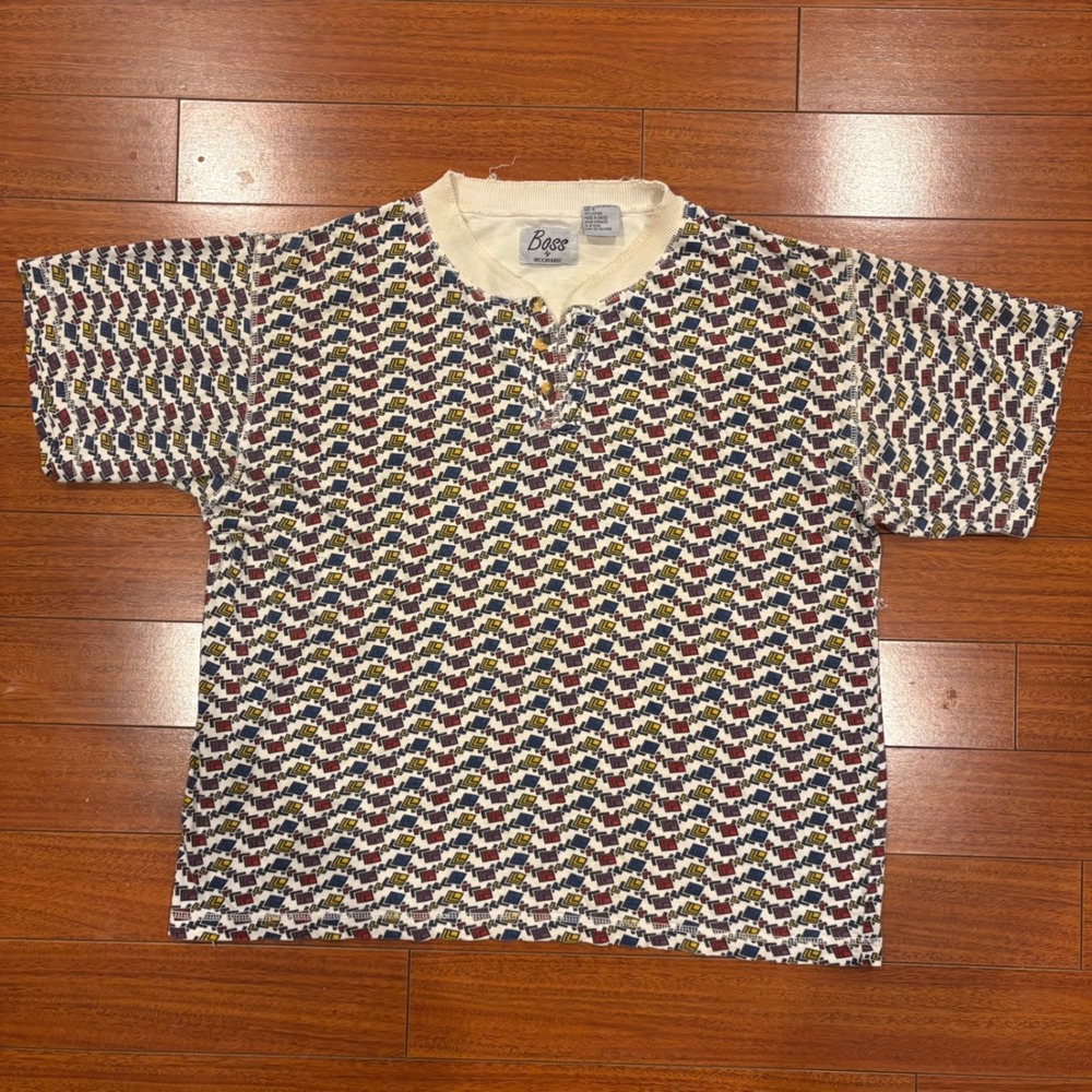 Vintage Boss by Brookhurst Geometric Henley Shirt Mens Medium All Over Print
